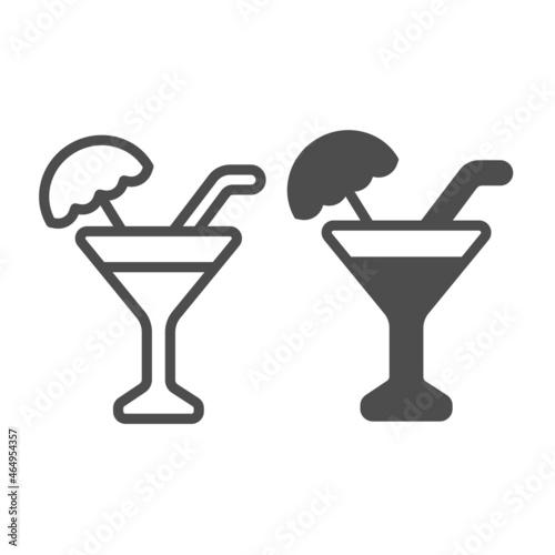 cocktail in glass with straw and umbrella line and solid icon, drinks concept, alcohol beverage vector sign on white background, outline style icon for mobile concept and web design. Vector graphics.