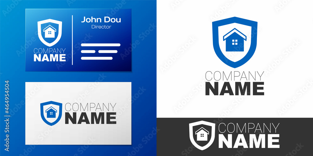 Logotype House with shield icon isolated on white background. Insurance concept. Security, safety, protection, protect concept. Logo design template element. Vector