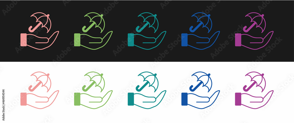 Set Umbrella in hand icon isolated on black and white background. Insurance concept. Waterproof icon. Protection, safety, security concept. Vector