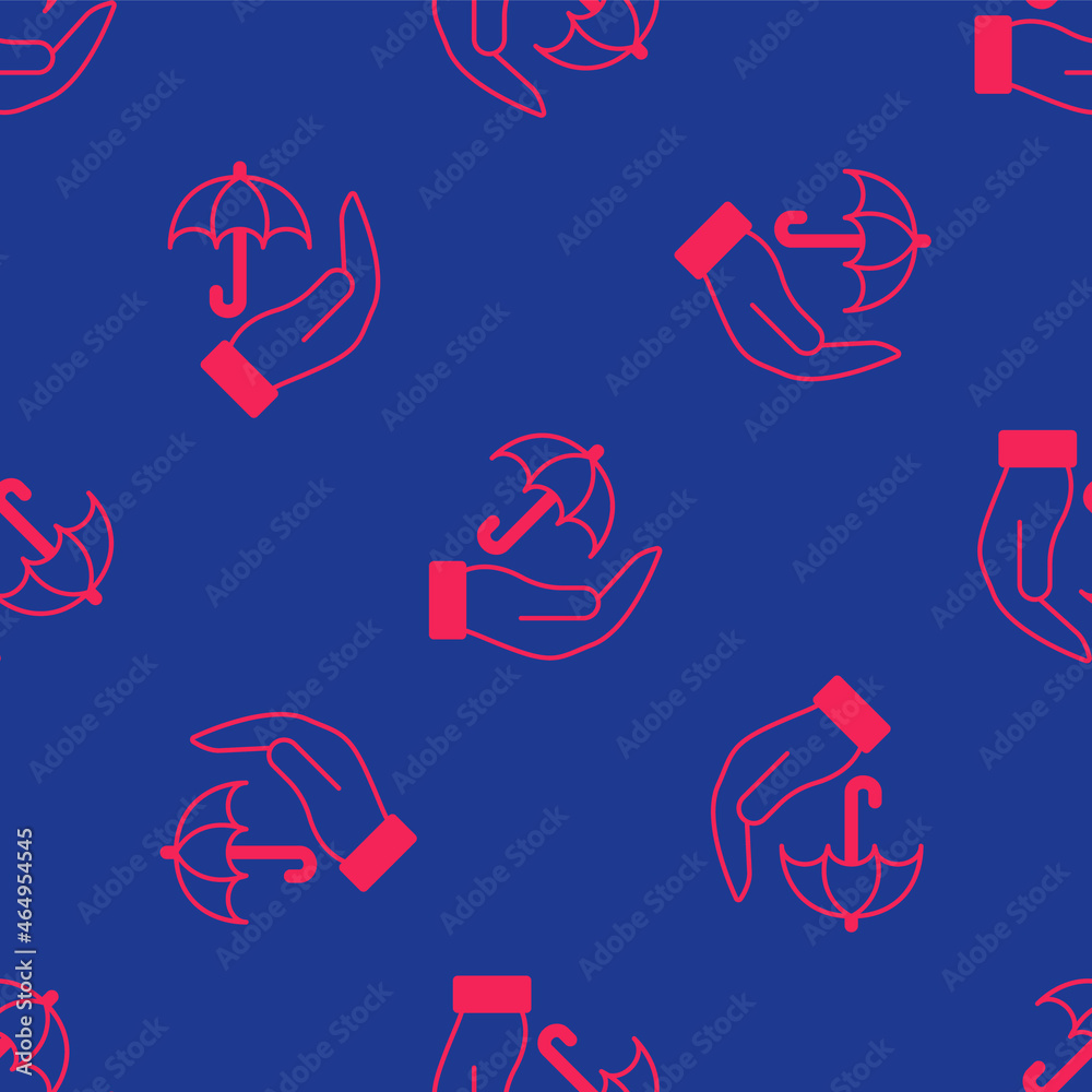 Red Umbrella in hand icon isolated seamless pattern on blue background. Insurance concept. Waterproof icon. Protection, safety, security concept. Vector Red Umbrella in hand icon isolated seamless pattern on blue background. Insurance concept. Waterproof icon. Protection, safety, security concept. Vector