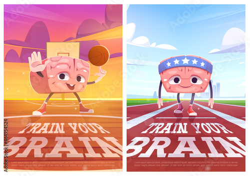 Train your Brain cartoon posters with marrow sportsman character racing on stadium and playing basketball. Mind or intelligence development, cute pericranium mascot sport exercise Vector illustration
