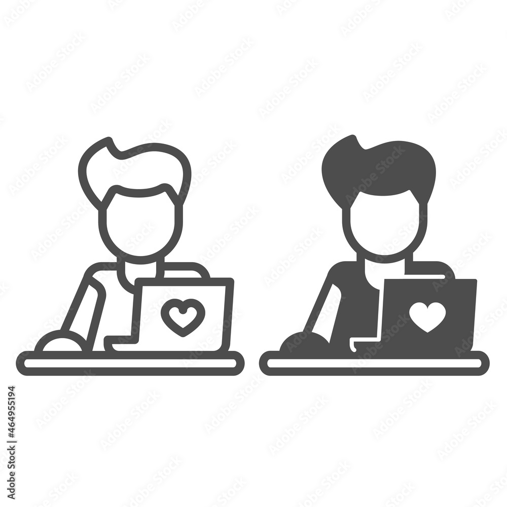 Guy with laptop and heart line and solid icon, dating concept, datig site vector sign on white background, outline style icon for mobile concept and web design. Vector graphics.