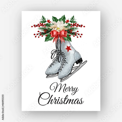 christmas skating shoes with flower poinsettia watercolor illustration