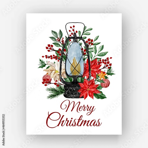 christmas lantern with flower poinsettia watercolor illustration