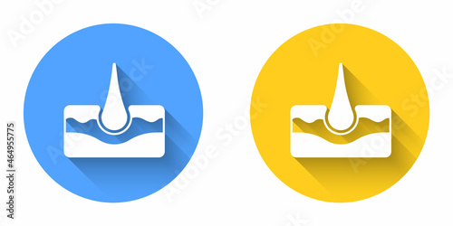 White Human hair follicle icon isolated with long shadow background. Hair care treatment. Circle button. Vector
