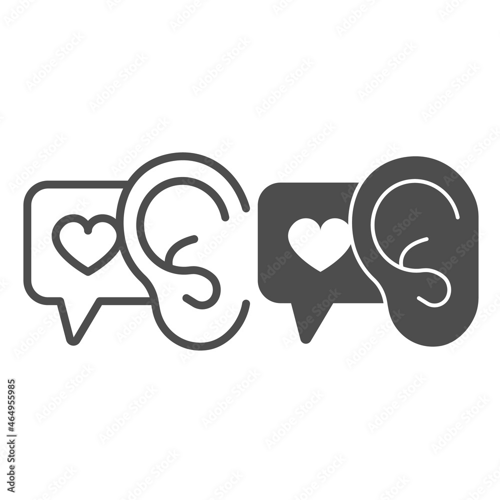 Ear, speech balloon with heart, compliment line and solid icon, dating concept, like to hear vector sign on white background, outline style icon for mobile concept and web design. Vector graphics. Ear, speech balloon with heart, compliment line and solid icon, dating concept, like to hear vector sign on white background, outline style icon for mobile concept and web design. Vector graphics.