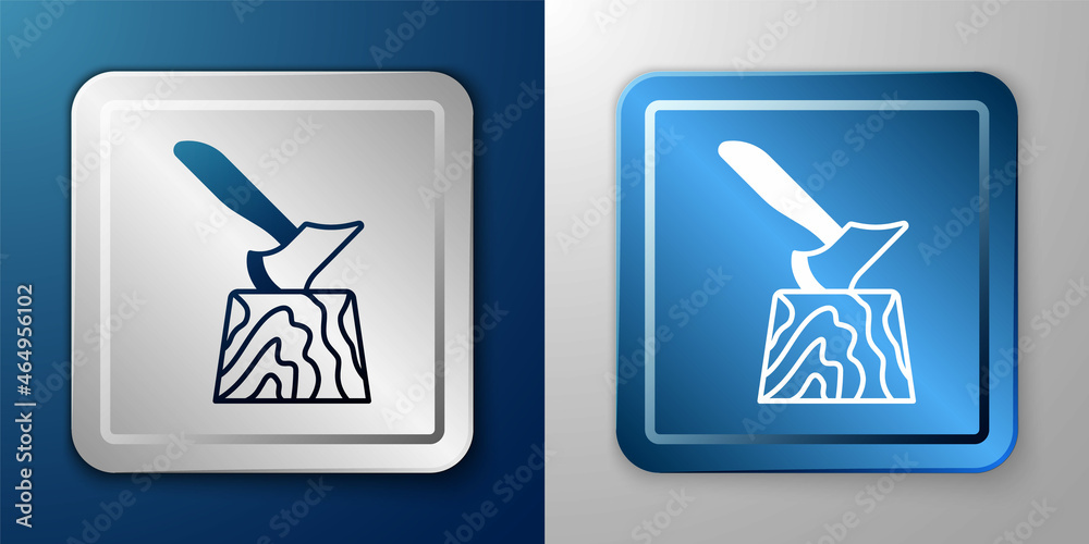 White Wooden axe in stump icon isolated on blue and grey background. Lumberjack axe. Axe stuck in wood. Chopping wood. Silver and blue square button. Vector White Wooden axe in stump icon isolated on blue and grey background. Lumberjack axe. Axe stuck in wood. Chopping wood. Silver and blue square button. Vector