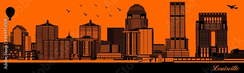 Vector city skyline silhouette - illustration, 
Town in orange background, 
Louisville Kentucky