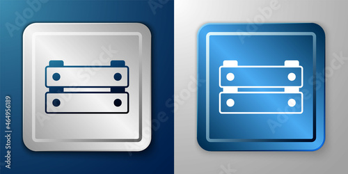 White Wooden box icon isolated on blue and grey background. Grocery basket, storehouse crate. Empty wooden container for vegetables, products. Silver and blue square button. Vector