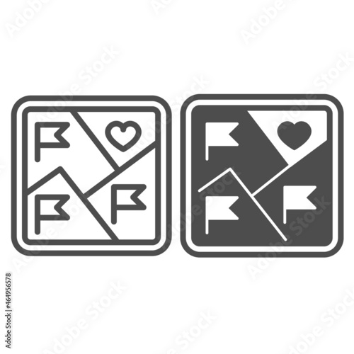 Square city map with flags and heart, tag of good place line and solid icon, city concept, date vector sign on white background, outline style icon for mobile concept and web design. Vector graphics.