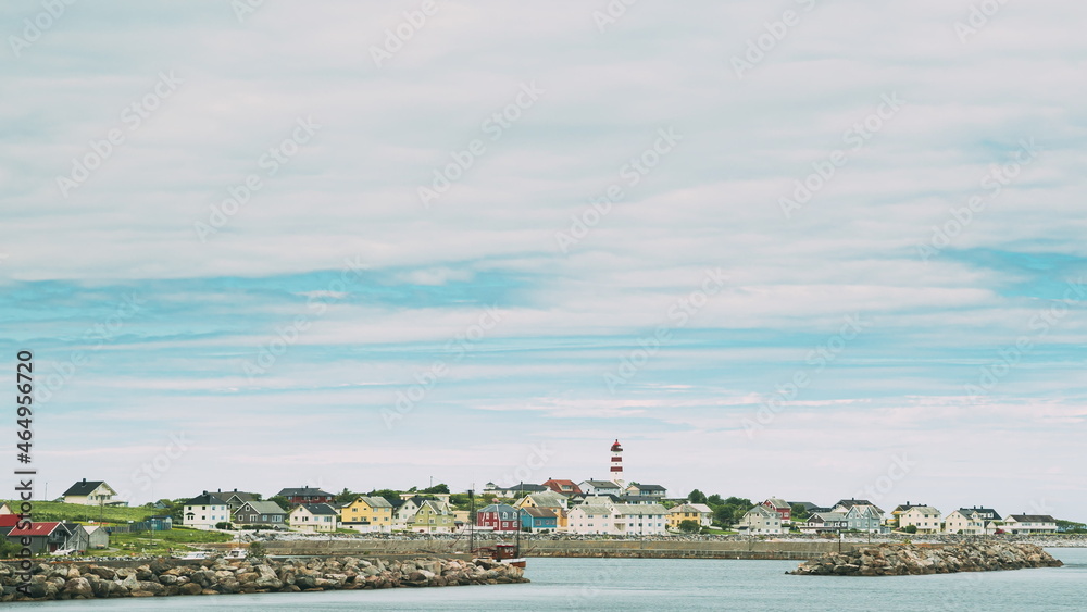 Alnesgard, Godoya, Norway. Old Alnes Lighthouse In Summer Day In Godoy Island Near Alesund Town. Alnes Fyr