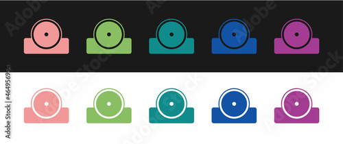 Set Otolaryngological head reflector icon isolated on black and white background. Equipment for inspection the patients ear, throat and nose. Vector