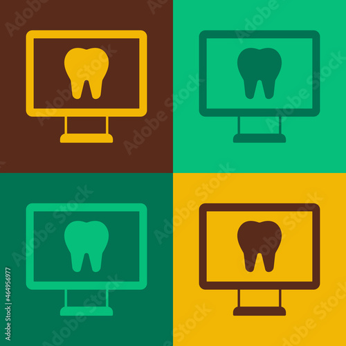 Pop art Online dental care icon isolated on color background. Dental service information call center. Vector