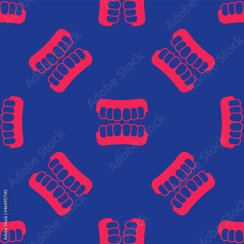 Red Dentures model icon isolated seamless pattern on blue background. Teeth of the upper jaw. Dental concept. Vector