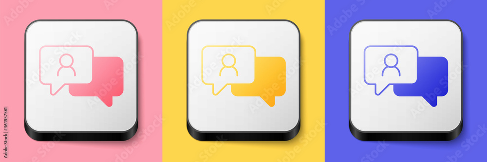 Isometric Speech bubble chat icon isolated on pink, yellow and blue background. Message icon. Communication or comment chat symbol. Square button. Vector Isometric Speech bubble chat icon isolated on pink, yellow and blue background. Message icon. Communication or comment chat symbol. Square button. Vector