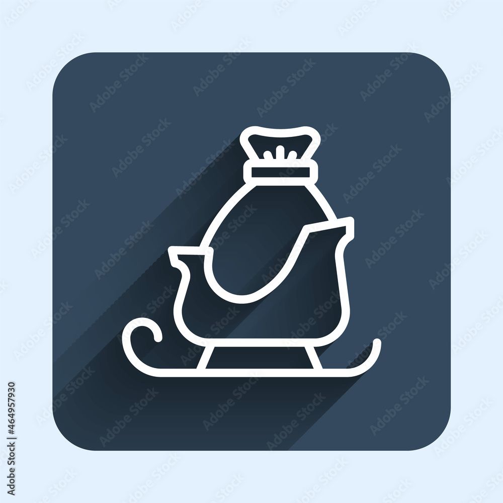 White line Christmas santa claus sleigh with sack bag icon isolated with long shadow background. Merry Christmas and Happy New Year. Blue square button. Vector White line Christmas santa claus sleigh with sack bag icon isolated with long shadow background. Merry Christmas and Happy New Year. Blue square button. Vector