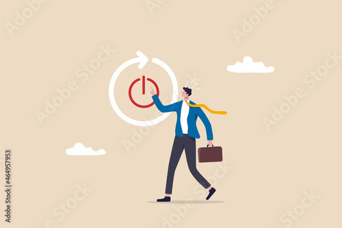 Time to reboot business or career, refresh working energy or restart new journey, change to improve outcome concept, smart businessman carefully reach his finger to press reboot or restart button. photo