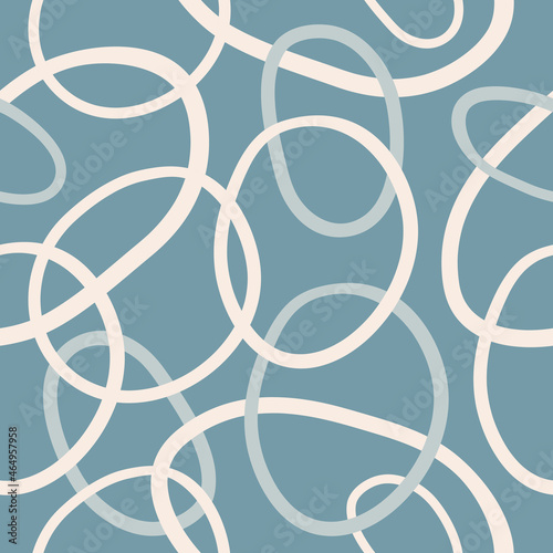 Abstract seamless pattern with white curves interlacing rings or circles on blue background. Modern vector line art background for fabric design, textile, wrapping paper 
