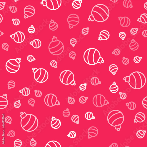 White line Christmas ball icon isolated seamless pattern on red background. Merry Christmas and Happy New Year. Vector