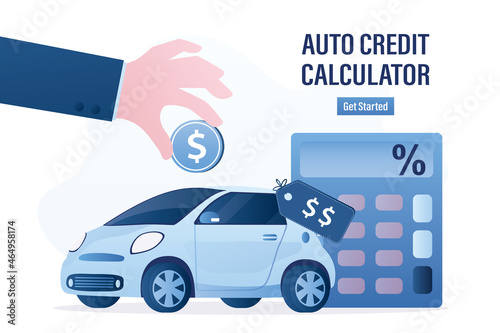 Auto credit calculator, concept banner. Modern car with sale label, hand give money for payment. Marketing, promotion campaign, web page template.