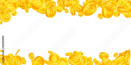 Bitcoin, internet currency coins falling. Immaculate scattered BTC coins. Cryptocurrency, digital money. Divine jackpot, wealth or success concept. Vector illustration.