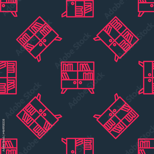 Red line Library bookshelf icon isolated seamless pattern on black background. Vector
