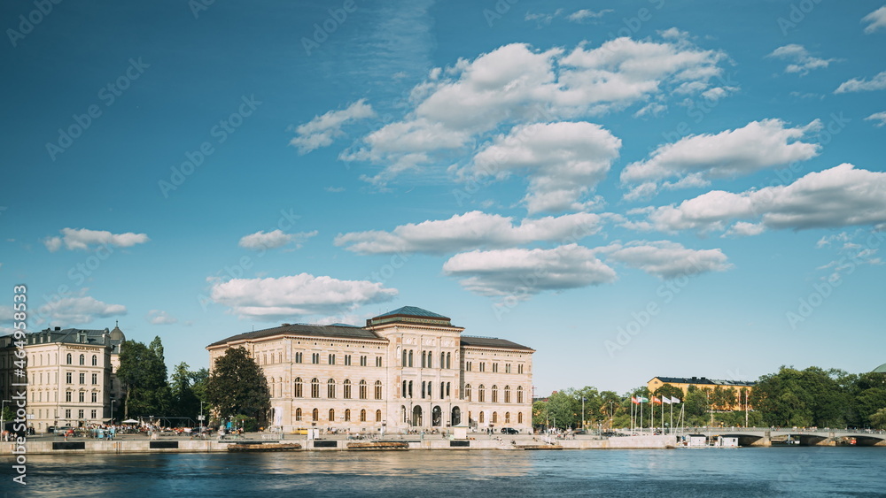 Stockholm, Sweden. National Museum Of Fine Arts Is The National Gallery Of Sweden. Touristic Pleasure Boats Floating Near Nationalmuseum In Sunny Summer Day