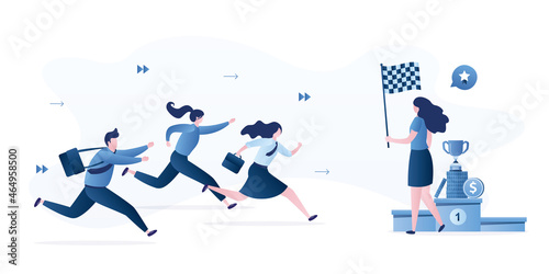 Business competition. Teamwork, human racing. Winner and losers businesspeople concept. Gender equality. Office Relationships. Woman boss with finishing flag, prizes for winner.