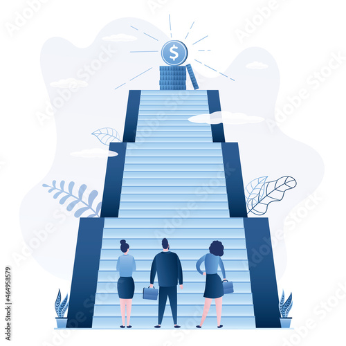 Career ladder, concept banner. Group of workers or managers stands at the foot of high staircase. Ladder to success with money prize at the top. Business development, startup.