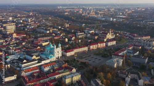 Grodno, Belarus. Aerial Bird's-eye View Of Hrodna Cityscape Skyline. Famous Popular Historic Landmarks In Sunny Autumn Day