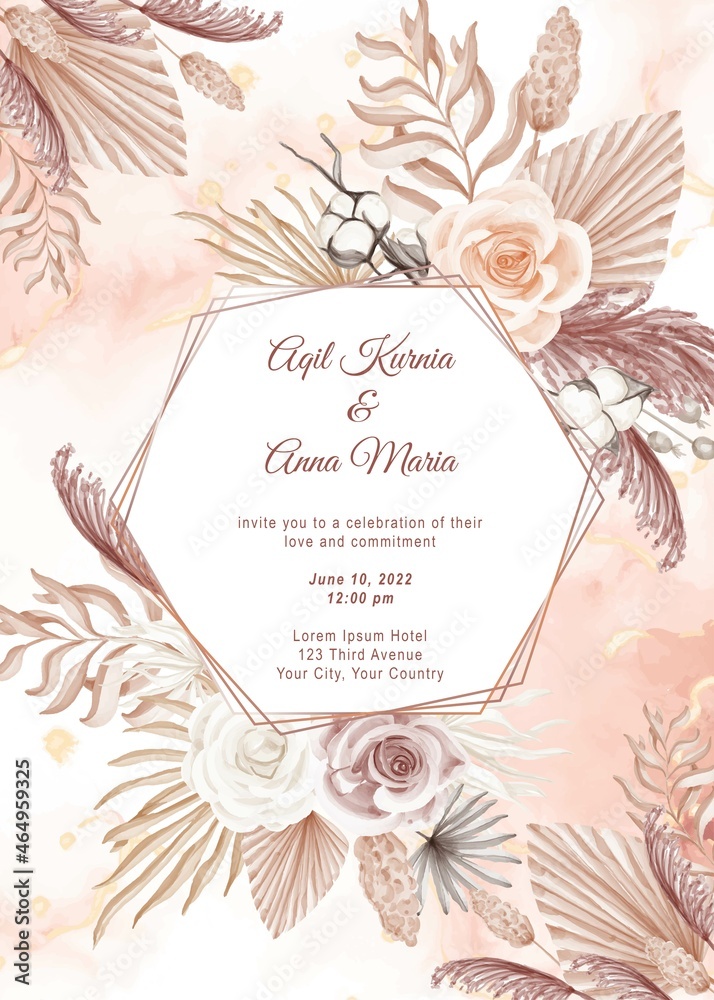 Elegant Boho Engagement Rose Watercolor Wedding Invitation Template