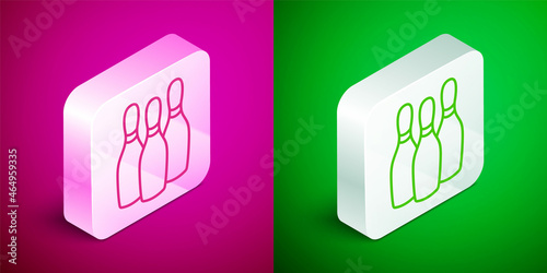 Isometric line Bowling pin icon isolated on pink and green background. Juggling clubs, circus skittles. Silver square button. Vector