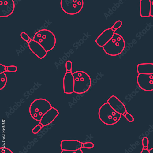 Red line Bowling pin and ball icon isolated seamless pattern on black background. Sport equipment. Vector