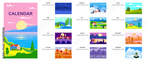 Calendar landscape natural backgrounds of four seasons. Set 12 minimalistic cartoon flat design seasons background