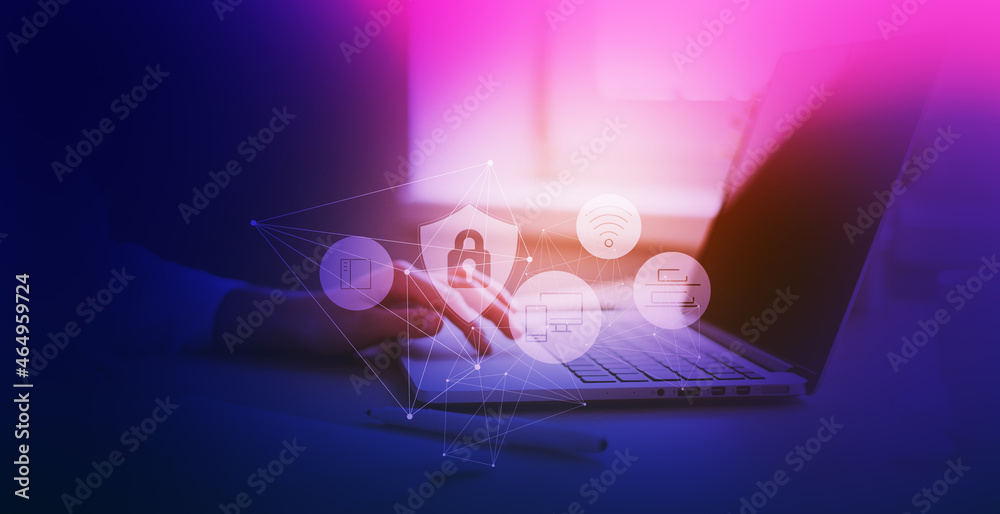 Cyber and firewall security concept, Businessman working laptop computer for Data protection, information safety and encryption, secured access to user personal data. Cyber and firewall security concept, Businessman working laptop computer for Data protection, information safety and encryption, secured access to user personal data.