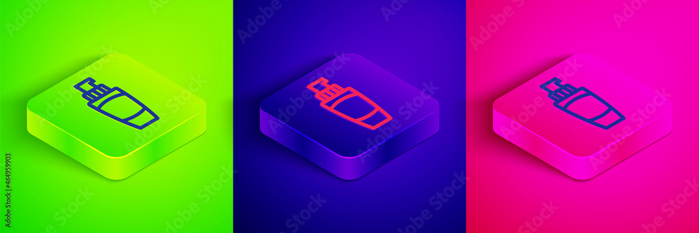 Isometric line Tube of hand cream icon isolated on green, blue and pink background. Square button. Vector Isometric line Tube of hand cream icon isolated on green, blue and pink background. Square button. Vector