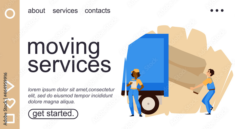 Moving services landing page template with man loading sofa into truck, flat vector illustration. Moving services landing page template with man loading sofa into truck, flat vector illustration.