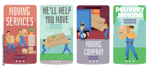 Moving delivery services online app vector layout cartoon style with movers characters