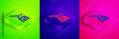 Isometric line Wooden axe in stump icon isolated on green, blue and pink background. Lumberjack axe. Axe stuck in wood. Chopping wood. Square button. Vector