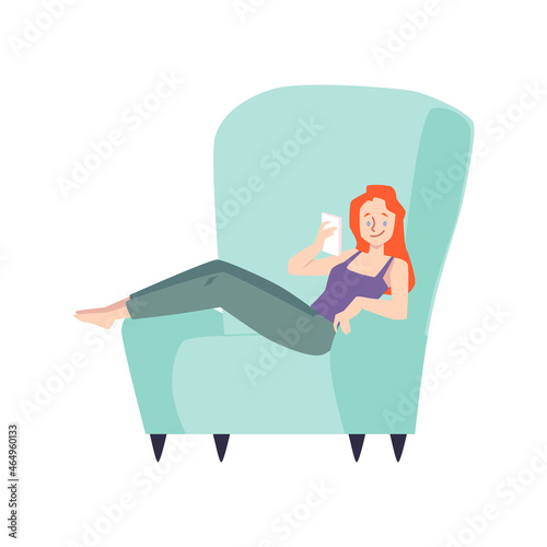 Woman resting in chair and surfing Internet, flat vector illustration isolated.