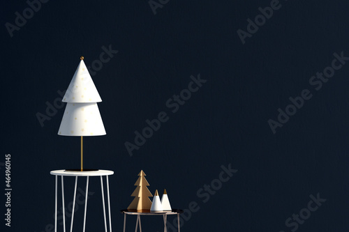 Modern Christmas interior with table, Scandinavian style. Wall mock up. 3D illustration