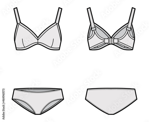 Set of swimwear lingerie - soft cup bra and hipsters panties technical fashion illustration. Flat brassiere knickers template front back white grey color style. Women men unisex underwear CAD mockup