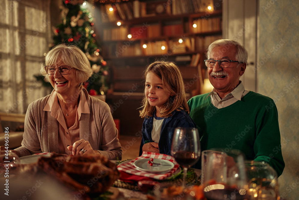 Grandparents and boy during Christmas lunch at home