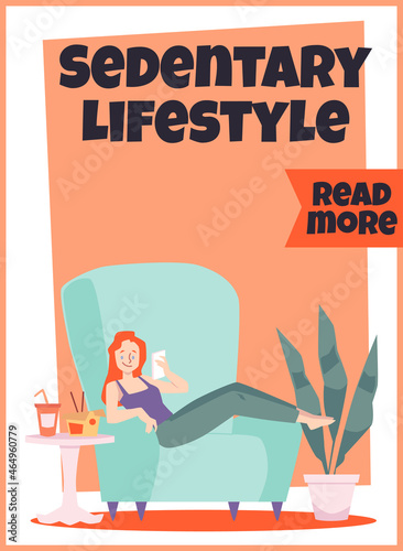 Sedentary lifestyle woman sitting in an armchair scrolling through her phone and eat takeout food