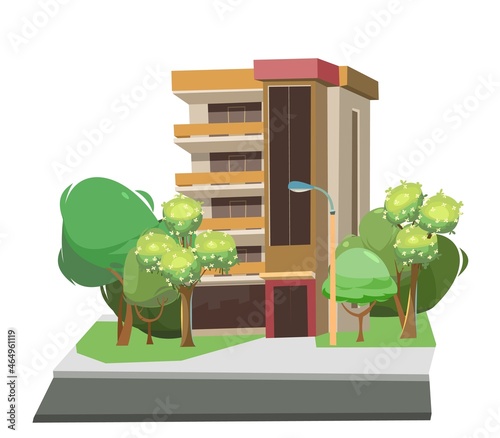 City building. Among the trees. Residential building with windows and balconies. Cartoon fun flat style. Isolated on white background. Asphalt road. Vector.