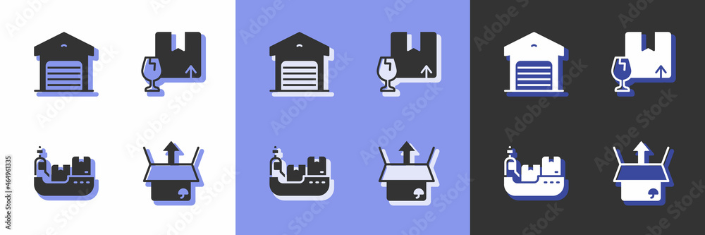Set Unboxing, Warehouse, Cargo ship with boxes delivery and Package fragile content icon. Vector