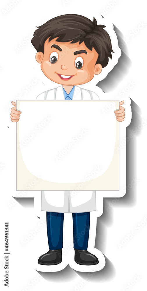Scientist boy holding empty board cartoon character sticker Scientist boy holding empty board cartoon character sticker