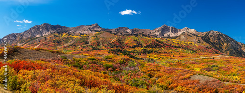 Panoramic view of Snow basin landscape with bright fall foliage around Mont Ogden peaks in Utah