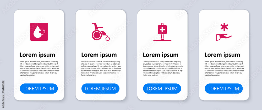 Set Cross hospital medical, Location, Wheelchair for disabled person and Blood test. Business infographic template. Vector Set Cross hospital medical, Location, Wheelchair for disabled person and Blood test. Business infographic template. Vector