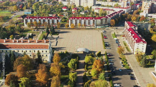 Pinsk, Brest Region, Belarus. Pinsk Cityscape Skyline In Autumn Morning. Bird's-eye View Of Residential Districts And Downtown